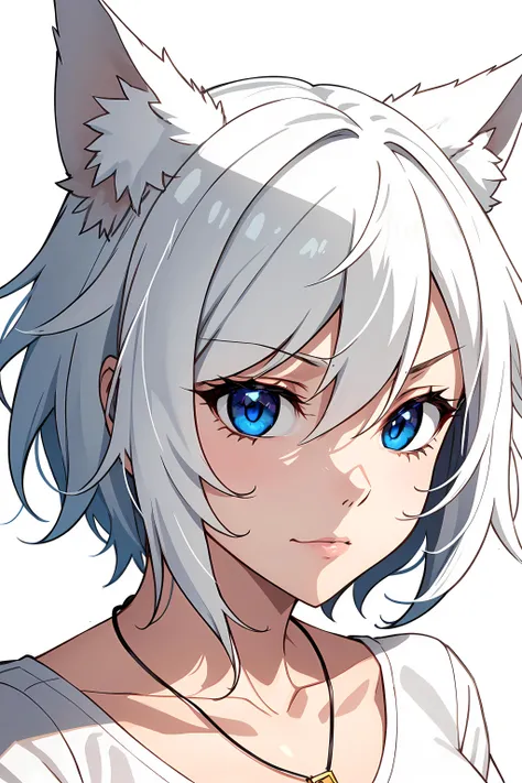 1girl, solo, mature, mature female, milf, close-up face, face focus, (anime:1.2),
white hair, fox ears, short hair,
blue eyes,
necklace, white shirt, short sleeves,
white background,