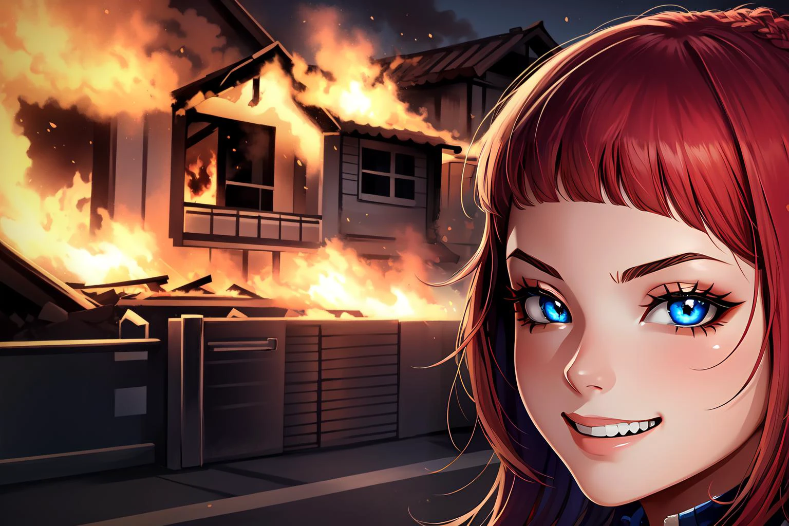 (masterpiece, best quality), intricate details,
1girl, <lora:annie:0.8> annie,
outdoors, standing in front of burning house, evil grin,