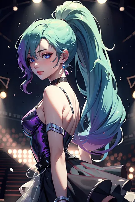 ((mejor calidad)), ((Obra maestra)), (detallado), cara perfecta, cabello morado, heterochromia, cyan y morado