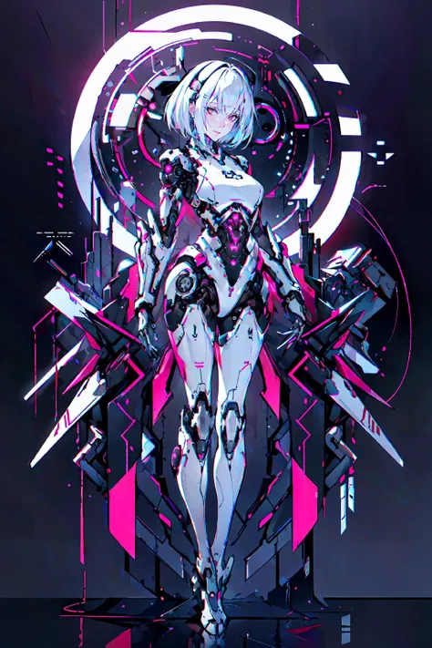 best quality, masterpiece, illustration, masterpiece, realistic, photorealistic, 1girl, solo, full body, skinny, medium breasts, long legs, short hair, (Blank background:1.3), grey background, Mechanical body, cyborg, <lora:dragon ear_20230623155318:0.6>, <lora:Futuristicbotv.2:0.7> <lora:Neno:0.7> neon_lights