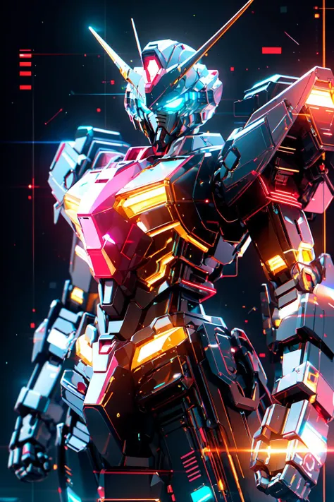 Gundam, solo, looking_at_viewer, blue_eyes, standing, no_humans, glowing, robot, mecha, glowing_eyes, clenched_hands, science_fiction, straight-on, v-fin, mobile_suit, cinematic lighting, strong contrast, high level of detail, Best quality, masterpiece, neon background, (wide angle:1.4), <lora:gundam_Transparent:0.7>