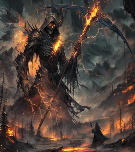 (((Ultra-detailed, Hyper-realistic, 8k, highres, masterpiece))),Gigantic Grim reaper,tattered cloak,fire,lightning,black smoke,scythe(((random pose))),