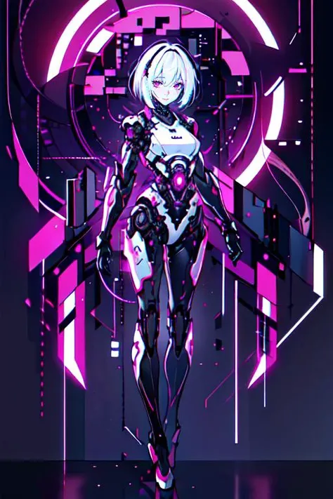 best quality, masterpiece, illustration, masterpiece, realistic, photorealistic, 1girl, solo, full body, skinny, medium breasts, long legs, short hair, (Blank background:1.3), grey background, Mechanical body, cyborg, <lora:dragon ear_20230623155318:0.6>, <lora:Futuristicbotv.2:0.7> <lora:Neno:0.7> neon_lights <lora:Glitching:0.4> glitching