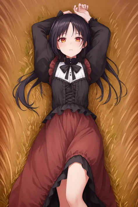 1girl, (gothic, spot color:1.2),
sunset, wheat field, (vanishing point:0.8),
(from above, wide shot:1.1), lying, on back, black hair