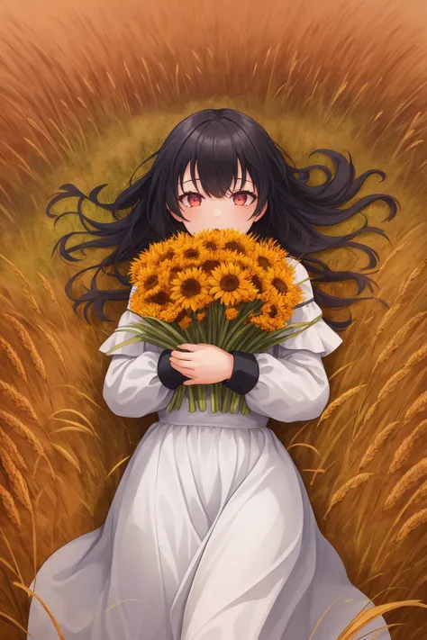 1girl, gothic, spot color, sunset, wheat field, (from above, wide shot:1.1), lying, on back, (vanishing point:0.8), black hair