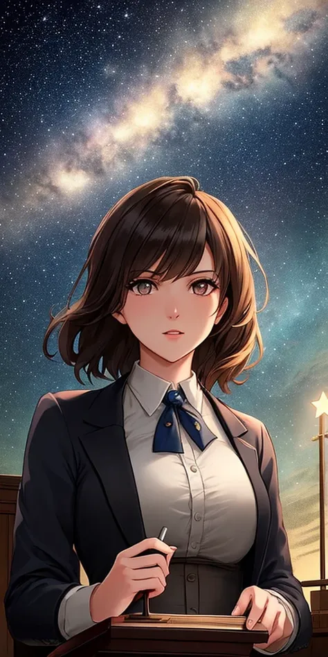 a masterpiece, award winning, best quality, a young woman, perfect face, exciting, upper body, concept art, overhead angle of a Raging fit Male Professor, 1800'S hair, Stars in the sky, Relieving, Charcoal lighting