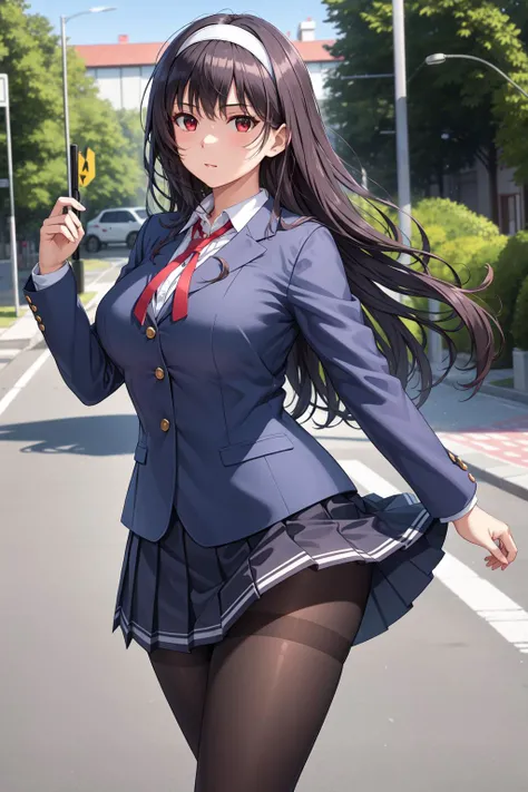 masterpiece, best quality, 1girl, solo, <lora:kasumigaoka_utaha_v2:0.6>, long hair, black pantyhose, school uniform, black hair, red eyes, pleated skirt, white hairband, bangs, jacket, large breasts