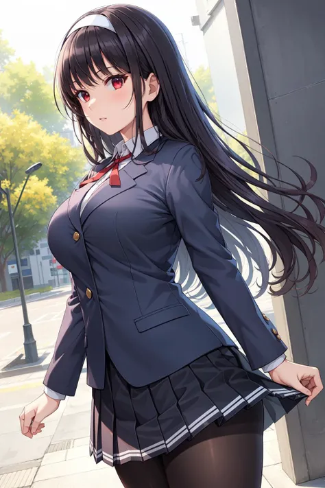 masterpiece, best quality, 1girl, solo, <lora:kasumigaoka_utaha_v2:0.6>, long hair, black pantyhose, school uniform, black hair, red eyes, pleated skirt, white hairband, bangs, jacket, large breasts