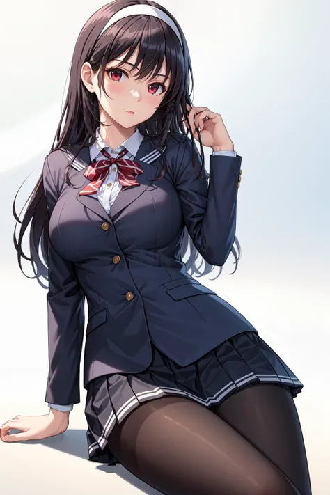 masterpiece, best quality, 1girl, solo, <lora:kasumigaoka_utaha_v2:0.6>, long hair, black pantyhose, school uniform, black hair, red eyes, pleated skirt, white hairband, bangs, jacket, large breasts