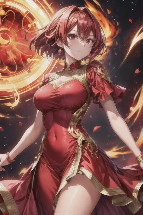 <lora:add_detail:1>highly detailed and vibrant anime style, super stylish, fiery radiance, red dress, HD, 8k