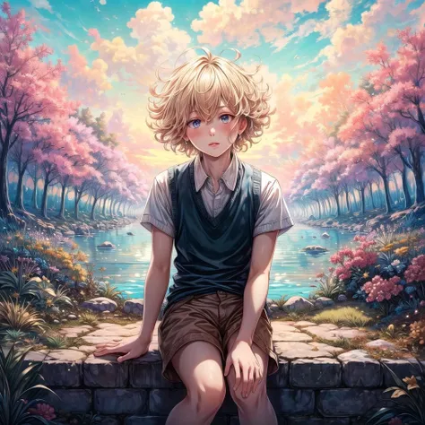 (Masterpiece, best quality, Highres:1.4),
dreamwave, aesthetic,
omoribasil,
1boy, solo, solo focus,
Sitting, on bed, lower body,
blonde hair, head flower,
white shirt, sweater vest, brown shorts, short sleeves,
outdoors, garden, flower:1.4,
<lora:omori_basil:1> <lora:add_detail:1> <lora:Dreamwave v2.5_8200:1>