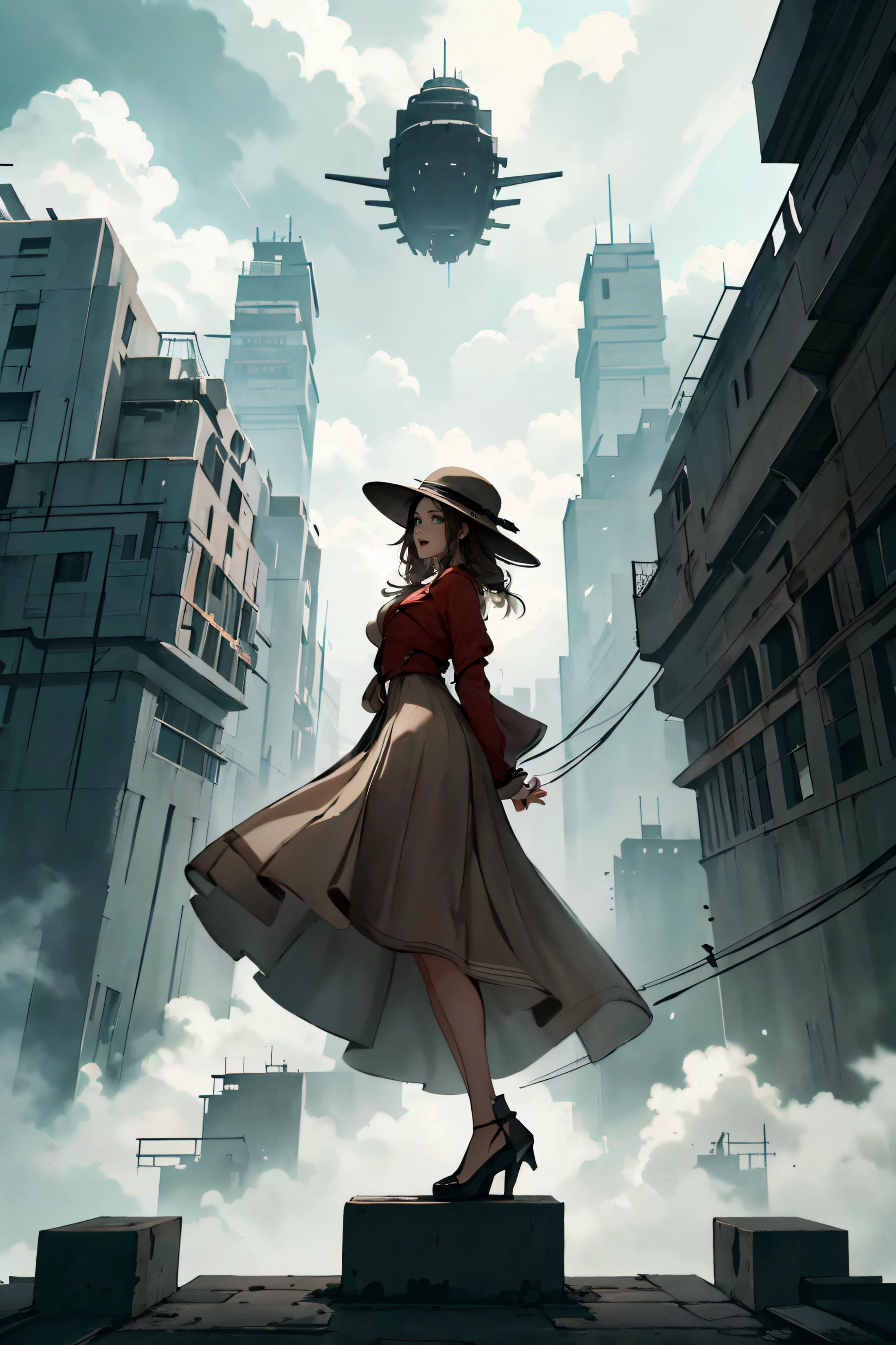 masterpiece, best quality, perfect lighting, detailed background, 1girl, adult woman, solo, large breasts, brown hair, green eyes, aerith gainsborough, (((full body))), Style-GravityMagic, (focus on character:1.1), portrait, solo, half shot, detailed background, detailed face, (<lora:BrutalistTech:0.6>, scifi, cement, brutaltech theme:1.1), aristocratic pose, awestruck, ruling class, elegant clothing, elegant hat, looking over floating (cloud city:1.1), utopian cloudtop sky-city, floating platforms, floating buildings, railing, ziplines, propellers, clouds in background, zeppelin in background, cinematic atmosphere, , meadow, :d, looking at viewer, photoshoot, <lora:aerith-nvwls-v1-final:0.7>, <lora:Freehand_Brushwork:0.45>