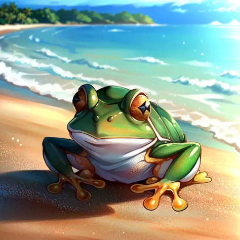masterpiece, best quality, depth of field, (beach, ocean, (frog:1.2))