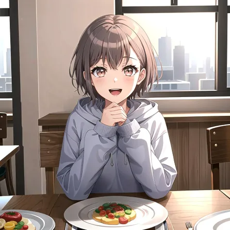 mmasterpiece, (best qulaity:1.3), 8K, wallpaper, depth of field, beautiful detailed eyes, (tomomygo, 1girl, solo, short hair, grey hair, brown eyes, smile, open mouth, medium breast, upper body, sitting, hand on chin, looking at viewer, straight-on, pov, indoors, window, blue sky, cityscape, (kitchen:1.3), booth seating, table, (plate, vegetable), (hoodie))  <lora:TakamatsuTomori:0.7>