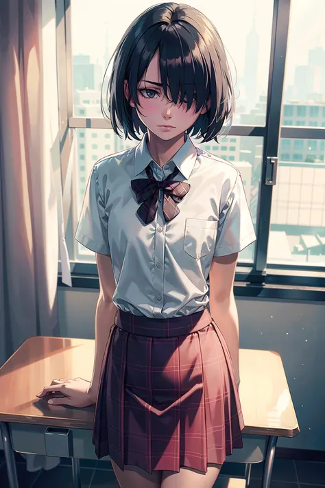 (SFW:1.6), (masterpiece, best quality, awesome extremely realistic, high resolution:1.3), 1girl, solo, Japanese, yo,
BREAK (black short bob, straight hair:1.4), bangs, (hair over both eyes:1.9), (tsurime:2.1), (very thin eyes:1.4), closed mouth, (look down on disdain:1.9), (blush:1.4), (flat chest:1.7), right hand on chest, left hand on desk, BREAK from side, school uniform, plaid bow, (round collared cutter shirt:1.6), (plaid midi skirt:1.6), white short socks, brown loafers, BREAK standing, unmoving pattern, school classroom