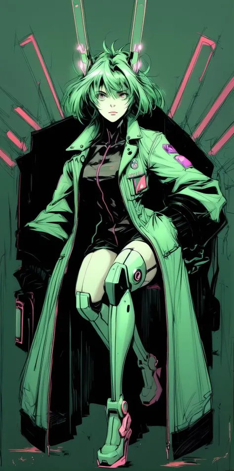 <lora:add_detail:1.0>, <lora:hairovereyes:1.0>, green hair, rabbit ears,  cyberpunk, cyborg, mechanical arms, mechanical legs, quadruple amputee, prosthesis, trench coat, masterpiece, high quality, looking at viewer, absurdres,  <lora:1990:1.0>, ghost in the shell stand alone complex, neon lights, neon trim, marker \(medium\),