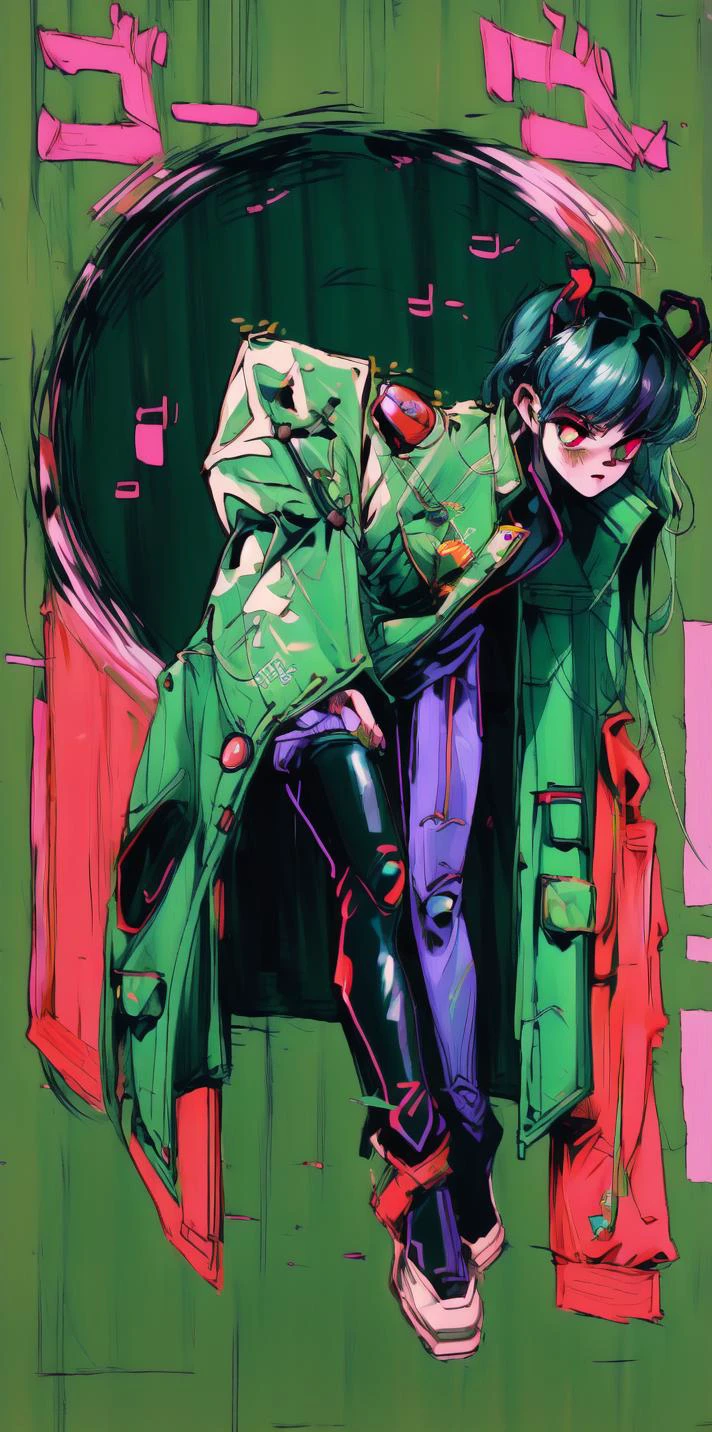 <lora:add_detail:1.0>, <lora:hairovereyes:1.0>, green hair, rabbit ears, cyberpunk, cyborg, mechanical arms, mechanical legs, quadruple amputee, prosthesis, trench coat, masterpiece, high quality, looking at viewer, absurdres, <lora:1990:1.0>, ghost in the shell stand alone complex, neon lights, neon trim, <lora:MenacingJojo:1.3>, MenacingJojo, text, techwear, glowing eye, 1990s \(style\), <lyco:GoodHands-beta2:1.0>, red eyes, military uniform, simple background, bokeh, plate carrier, marker \(medium\), speed lines, tactical clothes, science fiction, <lora:urbantechwear:0.73>