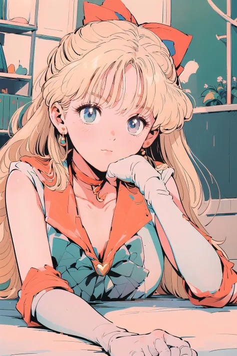 best quality, ultra-detailed, (1girl, solo, <lora:sailor_venus_v2:0.9:1,0,0,0,0,0,0,0,0,0,0,0,0,0,0,0,0,1,1,1,1,0,0,0,0,0>, venus1, sailor senshi uniform, sailor venus, aino minako, blonde hair, sleeveless, white elbow gloves, pleated skirt, hair bow, orange sailor collar, miniskirt, choker, Lying on the stomach, chin resting on hands,wavy mouth,), in a bookstore  ,<lora:1990:1:0,0,0,0,0,0,0,0,0,0,0,0,0,0,0,0,0,1,1,1,1,1,1,1,1,1>,