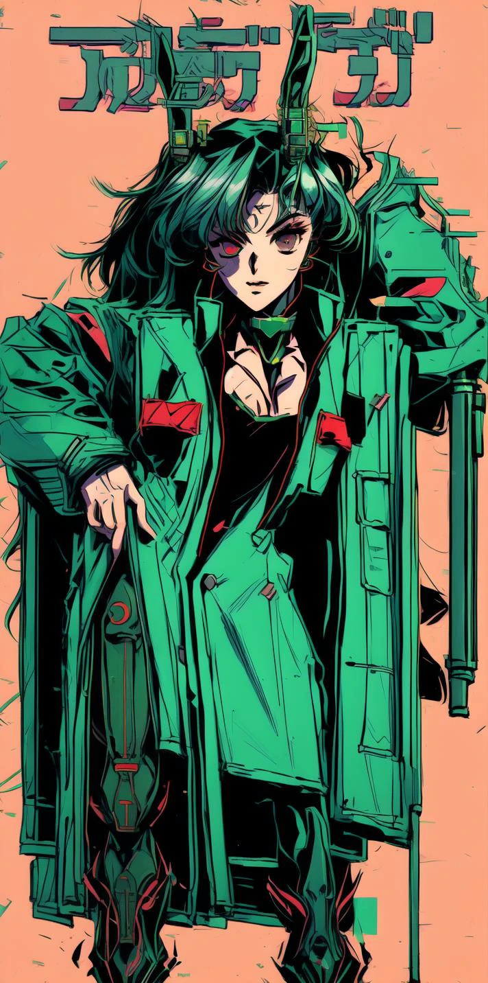 solo, 1girl, <lora:add_detail:1.0>, green hair, rabbit ears, cyberpunk, cyborg, mechanical arms, mechanical legs, quadruple amputee, prosthesis, trench coat, masterpiece, high quality, looking at viewer, absurdres, ghost in the shell stand alone complex, neon lights, neon trim, <lora:MenacingJojo:1.3>, MenacingJojo, text, techwear, glowing eye, 1990s \(style\), <lyco:GoodHands-beta2:1.0>, red eyes, military uniform, simple background, bokeh, plate carrier, marker \(medium\), speed lines, tactical clothes, science fiction, <lora:urbantechwear:0.73>, cleavage, necktie, red necktie, <lora:Solid:0.35>, solid eyes, colored sclera, <lora:1990:1.0>
