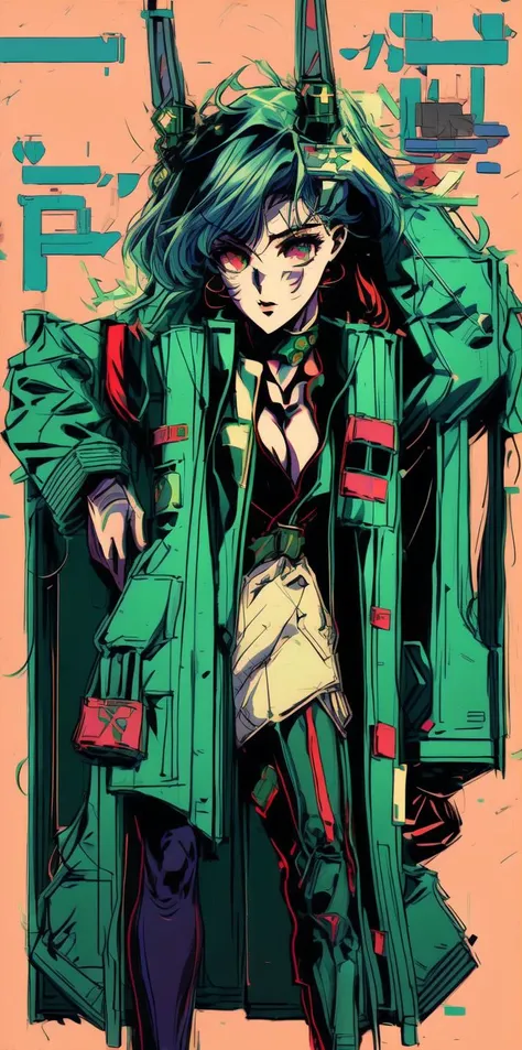 solo, 1girl, <lora:add_detail:1.0>, green hair, rabbit ears, cyberpunk, cyborg, mechanical arms, mechanical legs, quadruple amputee, prosthesis, trench coat, masterpiece, high quality, looking at viewer, absurdres, ghost in the shell stand alone complex, neon lights, neon trim, <lora:MenacingJojo:1.3>, MenacingJojo, text, techwear, glowing eye, 1990s \(style\), <lyco:GoodHands-beta2:1.0>, red eyes, military uniform, simple background, bokeh, plate carrier, marker \(medium\), speed lines, tactical clothes, science fiction, <lora:urbantechwear:0.73>, cleavage, necktie, red necktie, <lora:Solid:0.35>, solid eyes, colored sclera, <lora:1990:1.0>