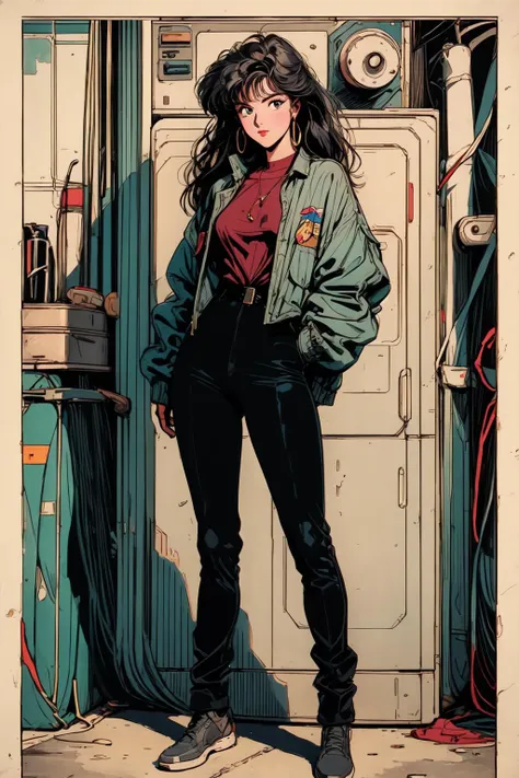 (8k, best quality, masterpiece:1.2),(best quality:1.0), (ultra highres:1.0), a beautiful woman, in bodysuit, in superhero suit, fullbody, lineart, sketch, <lora:1990:0.8>, 1980s \(style\), ((science fiction)), spaceship, factory, machine, mecha, <lora:add_detail:0.7>, <lora:80'sFusion:0.6> , ((poster))