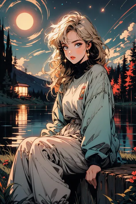 (masterpiece:1.1), (best quality:1.1), (detailed:1.0), (vibrant colors:1.1), BREAK, (dated:1.0), <lora:1990:0.6>, BREAK, (1girl:1.0), (baggy clothes:1.0), (sitting on grass:1.0), (looking at viewer:1.0), BREAK, (starry night:1.2), (moonlight:1.0), (lake:1.0), (flowers:1.0), (grass:1.0)