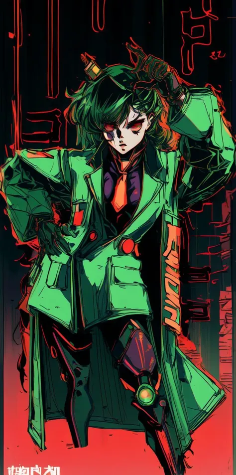 solo, 1girl,  <lora:add_detail:1.0>, green hair, rabbit ears,  cyberpunk, cyborg, mechanical arms, mechanical legs, quadruple amputee, prosthesis, trench coat, masterpiece, high quality, looking at viewer, absurdres, ghost in the shell stand alone complex, neon lights, neon trim, <lora:MenacingJojo:1.3>, MenacingJojo, text, techwear, glowing eye, 1990s \(style\),  <lyco:GoodHands-beta2:1.0>, red eyes, military uniform, simple background, bokeh, plate carrier, marker \(medium\), speed lines, tactical clothes, science fiction,  <lora:urbantechwear:0.73>, cleavage, necktie, red necktie,  <lora:Solid:0.35>, solid eyes, colored sclera,  <lora:1990:0.35>