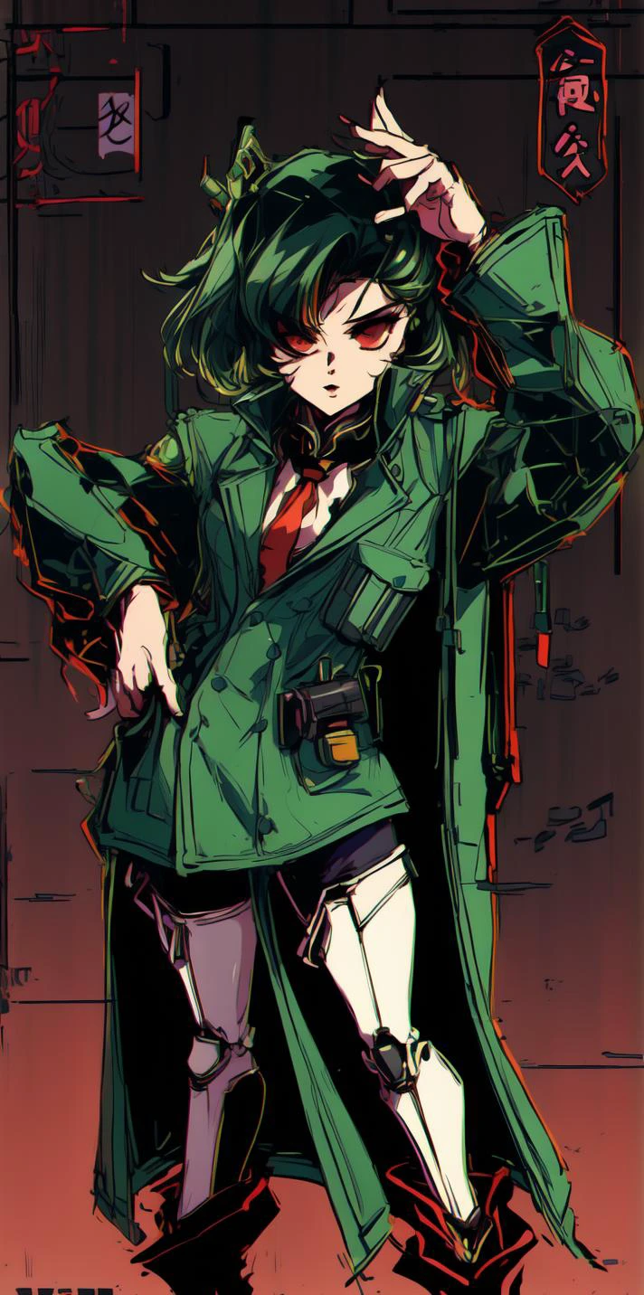 solo, 1girl, <lora:add_detail:1.0>, green hair, rabbit ears, cyberpunk, cyborg, mechanical arms, mechanical legs, quadruple amputee, prosthesis, trench coat, masterpiece, high quality, looking at viewer, absurdres, ghost in the shell stand alone complex, neon lights, neon trim, <lora:MenacingJojo:1.3>, MenacingJojo, text, techwear, glowing eye, 1990s \(style\), <lyco:GoodHands-beta2:1.0>, red eyes, military uniform, simple background, bokeh, plate carrier, marker \(medium\), speed lines, tactical clothes, science fiction, <lora:urbantechwear:0.73>, cleavage, necktie, red necktie, <lora:Solid:0.35>, solid eyes, colored sclera, <lora:1990:0.35>