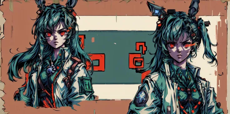 solo focus, solo, 1girl,  <lora:add_detail:1.0>, green hair, rabbit ears,  cyberpunk, cyborg, mechanical arms, mechanical legs, quadruple amputee, prosthesis, trench coat, masterpiece, high quality, looking at viewer, absurdres, ghost in the shell stand alone complex, neon lights, neon trim, <lora:MenacingJojo:1>, MenacingJojo, text, techwear, glowing eye, 1990s \(style\),  <lyco:GoodHands-beta2:1.0>, red eyes, military uniform, simple background, bokeh, plate carrier, marker \(medium\), speed lines, tactical clothes, science fiction,  <lora:urbantechwear:0.73>, cleavage, necktie, red necktie,  <lora:Solid:0.35>, solid eyes, colored sclera,  <lora:1990:0.35> <lora:FlamingEye:0.8>, eye trail, flaming eye,  <lora:reference sheet-model sheet:1.0>, reference sheet, model sheet, simple background, (multiple views, [full body|from behind|from side|from front|close-up|upper body|portrait]:1)