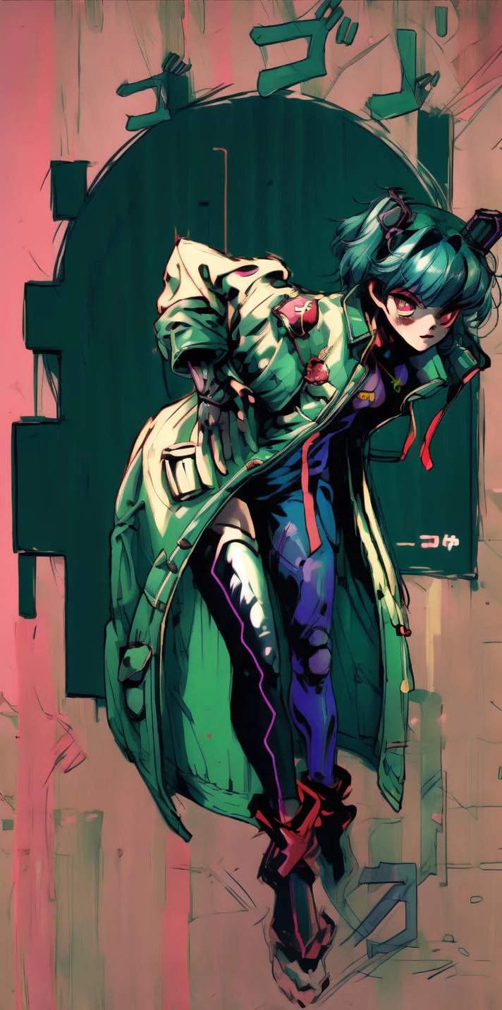 <lora:add_detail:1.0>, <lora:hairovereyes:1.0>, green hair, rabbit ears, cyberpunk, cyborg, mechanical arms, mechanical legs, quadruple amputee, prosthesis, trench coat, masterpiece, high quality, looking at viewer, absurdres, <lora:1990:1.0>, ghost in the shell stand alone complex, neon lights, neon trim, <lora:MenacingJojo:1.3>, MenacingJojo, text, techwear, glowing eye, 1990s \(style\), <lyco:GoodHands-beta2:1.0>, red eyes, military uniform, simple background, bokeh, plate carrier, marker \(medium\), speed lines, tactical clothes, science fiction, <lora:urbantechwear:0.73>
