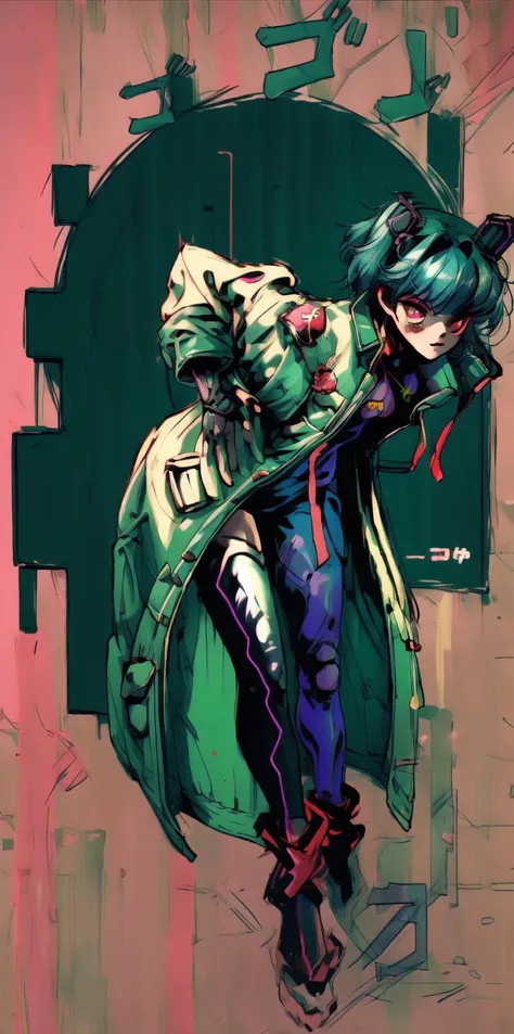 <lora:add_detail:1.0>, <lora:hairovereyes:1.0>, green hair, rabbit ears,  cyberpunk, cyborg, mechanical arms, mechanical legs, quadruple amputee, prosthesis, trench coat, masterpiece, high quality, looking at viewer, absurdres,  <lora:1990:1.0>, ghost in the shell stand alone complex, neon lights, neon trim, <lora:MenacingJojo:1.3>, MenacingJojo, text, techwear, glowing eye, 1990s \(style\),  <lyco:GoodHands-beta2:1.0>, red eyes, military uniform, simple background, bokeh, plate carrier, marker \(medium\), speed lines, tactical clothes, science fiction,  <lora:urbantechwear:0.73>