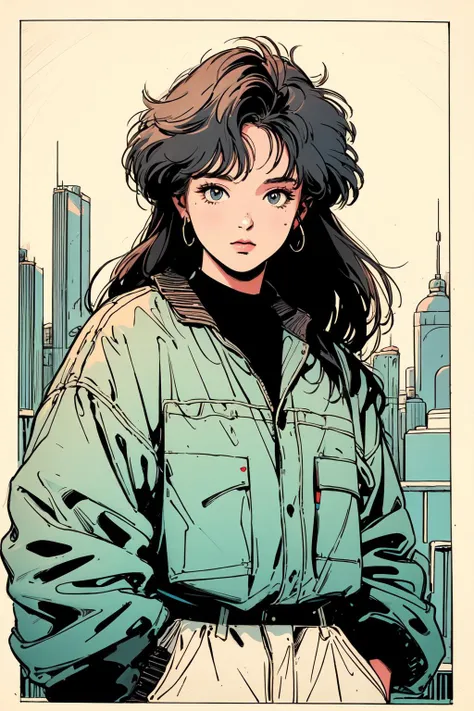(8k, best quality, masterpiece:1.2),(best quality:1.0), (ultra highres:1.0), a beautiful woman,  lineart, sketch,  <lora:1990:0.8>, 1980s \(style\), ((science fiction)), future city