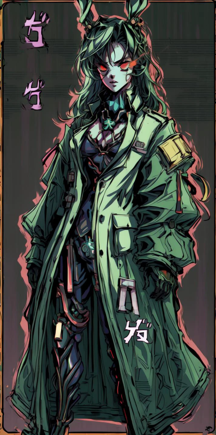 solo, 1girl, <lora:add_detail:1.0>, green hair, rabbit ears, cyberpunk, cyborg, mechanical arms, mechanical legs, quadruple amputee, prosthesis, trench coat, masterpiece, high quality, looking at viewer, absurdres, ghost in the shell stand alone complex, neon lights, neon trim, <lora:MenacingJojo:1.3>, MenacingJojo, text, techwear, glowing eye, 1990s \(style\), <lyco:GoodHands-beta2:1.0>, red eyes, military uniform, simple background, bokeh, plate carrier, marker \(medium\), speed lines, tactical clothes, science fiction, <lora:urbantechwear:0.73>, cleavage, necktie, red necktie, <lora:Solid:0.35>, solid eyes, colored sclera, <lora:1990:0.35> <lora:FlamingEye:0.8>, eye trail