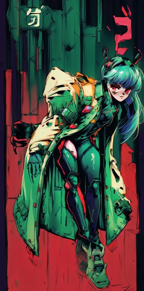 <lora:add_detail:1.0>, <lora:hairovereyes:1.0>, green hair, rabbit ears,  cyberpunk, cyborg, mechanical arms, mechanical legs, quadruple amputee, prosthesis, trench coat, masterpiece, high quality, looking at viewer, absurdres,  <lora:1990:1.0>, ghost in the shell stand alone complex, neon lights, neon trim, <lora:MenacingJojo:1.3>, MenacingJojo, text, techwear, glowing eye, 1990s \(style\),  <lyco:GoodHands-beta2:1.0>, red eyes, military uniform, simple background, bokeh, plate carrier, marker \(medium\), speed lines, tactical clothes, science fiction,  <lora:urbantechwear:0.73>