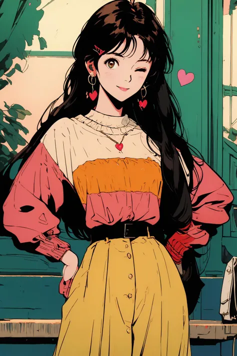 (best quality, masterpiece, highres),1girl,solo,earrings,hairclip,one eye closed,smile,hand on hip,heart,<lora:1990:1>,