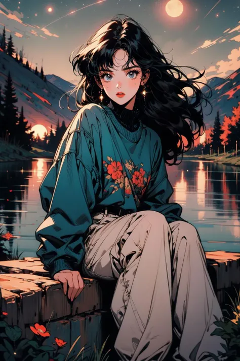 (masterpiece:1.1), (best quality:1.1), (detailed:1.0), (vibrant colors:1.1), BREAK, (dated:1.0), <lora:1990:0.6>, BREAK, (1girl:1.0), (baggy clothes:1.0), (sitting on grass:1.0), (looking at viewer:1.0), BREAK, (starry night:1.2), (moonlight:1.0), (lake:1.0), (flowers:1.0), (grass:1.0)