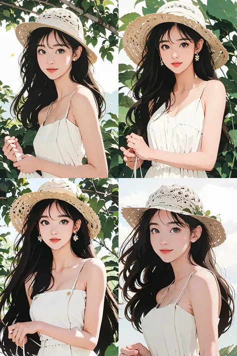 1girl, solo, long hair, dress, flower, hat, white dress, holding hat, holding, hat removed, smile, upper body, white flower, leaf, holding clothes, sun hat, headwear removed, bare shoulders, very long hair, closed mouth, facing viewer, bangs, <lora:1990:0.5>,