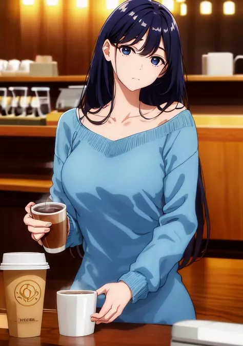 photo of a man with blue sweater, waiting in line at a coffee shop, portrait, <lora:gender_slider_v1:2>