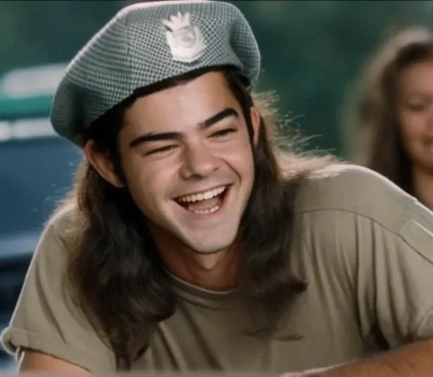 slater person laughing with a big police officer. <lora:Slater from Dazed & Confused - (Trigger w Slater Person):1>