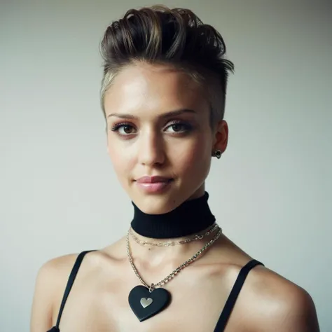 Looking straight at the camera, Film grain, skin texture, Instagram closeup selfie of a stunning young woman with punk half shaved hair wearing a heart necklace,f/1.8,wearing a tutleneck shirt, <lora:jesalba_xl_1_standard_merger_29_60_83_05_02_03:1>