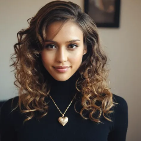 Looking straight at the camera, Film grain, skin texture, Instagram closeup selfie of a stunning young woman with beautiful wavy hair wearing a heart necklace,f/1.8,wearing a tutleneck shirt, <lora:jesalba_xl_1_standard_merger_29_60_83_05_02_03:1>