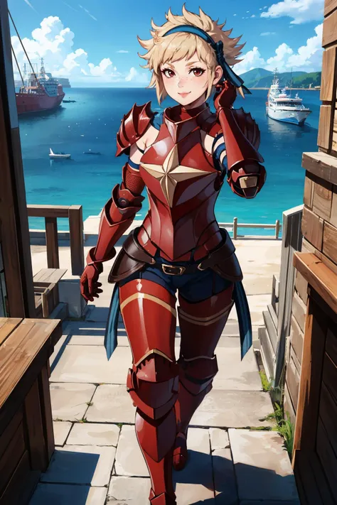 <lora:fescarlet-nvwls-v1:0.8> feScarlet, hairband, armor, armored boots, pants, gauntlets
masterpiece, best quality, absurdres, harbor, pier, blue sky, ocean, ship, looking at viewer, confidant smile