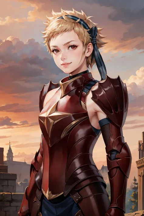 masterpiece, best quality, fescarlet, hairband, armor, armored boots, pants, gauntlets, upper body, looking at viewer, furrowed brow, smile, red sky, clouds <lora:fescarlet-nvwls-v1-000009:0.9>