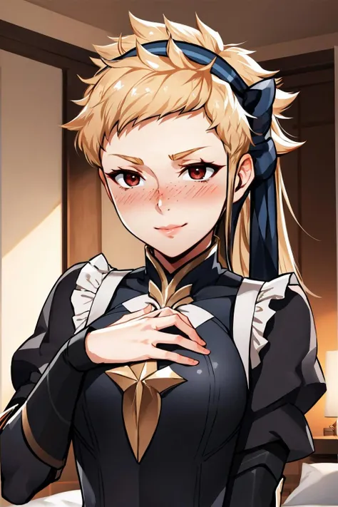 masterpiece, best quality, fescarlet, hairband, fates maid, bedroom, blushing, smirk, hand to chest <lora:fescarlet-nvwls-v1-000009:0.9> <lora:FEFatesMaid_v1:1>
