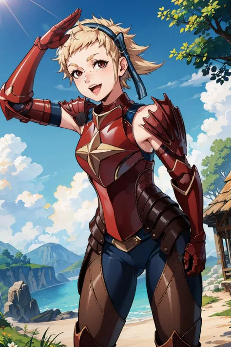 masterpiece, best quality, fescarlet, hairband, armor, armored boots, pants, gauntlets, cowboy shot, looking at viewer, smile, open mouth, salute, clouds, sky, trees <lora:fescarlet-nvwls-v1-000009:0.9>