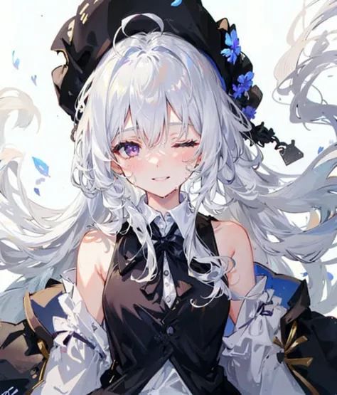 <lora:lightAndShadow_v10:0.4>, 1girl,depth of field,((white hair))),grey hair,purple eyes,((eyes half shut)),long hair,(loose long hair),(ahoge),((white shirt under black robe)),(white Collared shirt),medium frilled skirt,((royal skirt with white edge})),twist braid,((bare shoulders)),floating red flowers falling,,upper body,ruins,intense shadows,wet,light smile,
