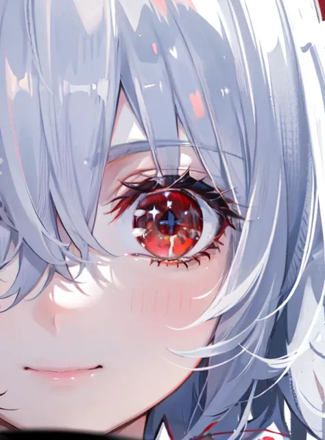 ayanami rei,(Fantastic colors),((masterpiece)), (best quality), Short hair, white hair, (red eyes:1.5),(glow),brillant display,(Face close-up:1.3),head,face,loraeyes,seductive smile, <lora:evaAyanamiRei_arV1:0.5>,
