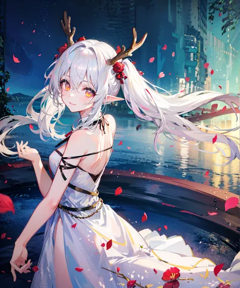 masterpiece, best quality, solo,depthoffield,1girl,((white hair)),hair between eyes,twintails,elf ears,((golden eyes)),glowing eyes,(light smile),white dress,(bare shoulders),((deer horns)),falling petals,lake,spring morining,forests landscape, <lora:lightAndShadow_v10:0.6>