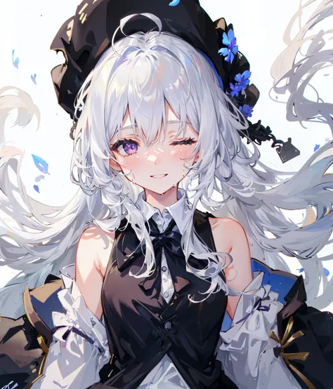 <lora:lightAndShadow_v10:0.4>, 1girl,depth of field,((white hair))),grey hair,purple eyes,****,((eyes half shut)),long hair,(loose long hair),(ahoge),((white shirt under black robe)),(white Collared shirt),medium frilled skirt,((royal skirt with white edge})),twist braid,((bare shoulders)),floating red flowers falling,,upper body,ruins,intense shadows,wet,light smile,