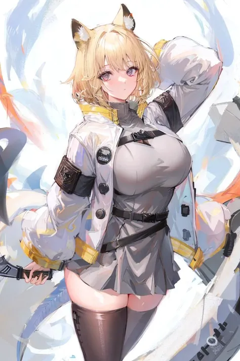 <lora:ArknightsUtageNOREG:0.6>,blond_hair, animal_ears, huge_breasts, short_hair, tail,OriginalOutfit,thighhighs, open_white_jacket, grey_dress